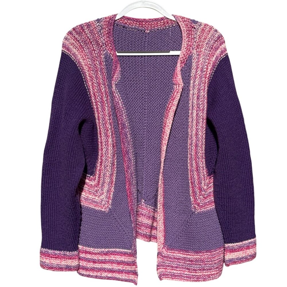 Handmade Womens XL Boho Wool Blend Knit Open Front Cardigan Sweater Purple‎ Pink